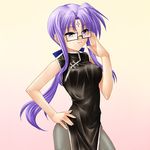  adjusting_eyewear ayato china_dress chinese_clothes dress fishnet_pantyhose fishnets glasses lety_lowran lyrical_nanoha mahou_shoujo_lyrical_nanoha_strikers pantyhose ponytail purple_eyes purple_hair solo 