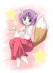  animal_ears fox_ears hakama hiiragi_tsukasa japanese_clothes lucky_star miko purple_hair red_hakama solo tail tekehiro 