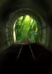  brown_hair dress forest gou_(double_trigger) light_rays long_hair nature original railroad_tracks scenery solo sunbeam sunlight tunnel 