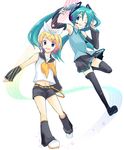  aqua_hair bad_id bad_pixiv_id hatsune_miku kagamine_rin long_hair multiple_girls shima_tokio short_hair thighhighs twintails vocaloid 