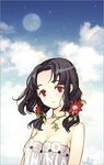  bad_id bad_pixiv_id bare_shoulders black_hair breasts cleavage cloud face flower full_moon hair_ornament jewelry medium_breasts moon necklace original red_eyes sky solo tearfish twintails 