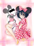  ;p animal_ears bloomers bow censored cosplay disney gloves hair_bow hair_ribbon hakui_ami identity_censor mickey_mouse minnie_mouse minnie_mouse_(cosplay) mouse_ears one_eye_closed pink_bow polka_dot ribbon tongue tongue_out underwear white_bloomers 