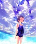  arm_grab arms_behind_back beach blue_swimsuit blush closed_eyes cloud cloudy_sky cowboy_shot day flat_chest one-piece_swimsuit original outdoors sasahara_yuuki school_swimsuit short_hair sky solo swimsuit water 