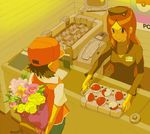  1girl bag baseball_cap black_hair bouquet brown_eyes brown_hair flower gift hat name_tag nurse poke_ball poke_ball_(generic) poke_ball_theme pokemon pokemon_(game) pokemon_rgby red_(pokemon) red_(pokemon_rgby) red_hair shop super_smash_bros. tomioka_jirou uniform 