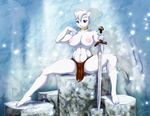  barefoot bear big_breasts breasts claws eiry female fur hair hindpaw jessica_elwood loincloth looking_at_viewer mammal nails navel necklace nipples paws plantigrade polar_bear purple_eyes short_hair sitting smile snow snowing solo spread_legs spreading stone sword thighs topless weapon white_fur white_hair winter 