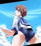  ass blush brown_eyes brown_hair cameltoe cloud condensation_trail day from_below miyafuji_yoshika open_mouth profile school_swimsuit school_uniform serafuku short_hair sky solo strike_witches swimsuit swimsuit_under_clothes uron-rei world_witches_series 