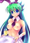  animal_ears bad_id bad_pixiv_id blue_eyes blush breasts bunny_ears collarbone cup detached_collar drinking_glass green_hair highres long_hair medium_breasts navel necktie nipples open_mouth realy_till solo topless twinkle_star_sprites wine_glass wrist_cuffs x.x 