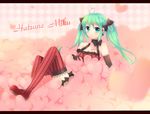  ahoge ao_ringo bare_shoulders character_name checkered checkered_background elbow_gloves gloves green_eyes green_hair hatsune_miku heart letterboxed long_hair mary_janes shoes sitting solo striped striped_legwear thighhighs twintails vertical-striped_legwear vertical_stripes vocaloid 