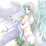  1girl bra breasts character_request lingerie long_hair mashue navel nipples panties pantyshot pink_bra pink_panties purple_eyes silver_hair skirt smile solo source_request underwear upskirt wings 