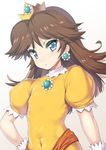  abs blue_eyes brown_hair covered_navel covered_nipples crown dress earrings flat_chest flipped_hair hand_on_hip jewelry long_hair looking_at_viewer mario_(series) nagase_haruhito navel princess princess_daisy simple_background solo super_mario_bros. toned white_background 