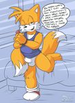  bed bottomless bound bound_wrists canine clothed clothing condom dialog english_text erection fox half-dressed hands_tied male mammal miles_prower multiple_tails penis roarey_raccoon roareyraccoon sega shirt shoe solo sonic_(series) tank_top text 