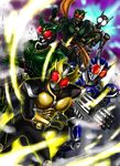  another_agito gatling_gun glowing glowing_eyes gun kamen_rider kamen_rider_agito kamen_rider_agito_(series) kamen_rider_g3 kamen_rider_g4 kamen_rider_gills momopon multiple_boys power_armor scarf weapon 