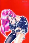  90s blue_eyes copyright_request jacket long_hair nail_polish pink_hair ramiya_ryou red_background simple_background solo thighhighs 