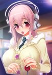  absurdres arcade_cabinet breasts headphones highres large_breasts long_hair nitroplus open_mouth pink_hair playing_games red_eyes solo super_sonico sweater tsuji_santa 