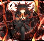  animal_ears bad_id bad_pixiv_id black_hair crossed_arms crossed_legs dragon dragon_ears dragon_girl fatalis grin highres horns long_hair monster_girl monster_hunter personification sitting smile solo umitsuki 