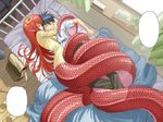  1girl backpack bad_leg bag bed bedroom blank_speech_bubble bottomless breasts closed_eyes clothes_writing couple cuddling hair_ornament hetero hug indoors kurusu_kimihito lamia long_hair lying medium_breasts messenger_bag miia_(monster_musume) monster_girl monster_musume_no_iru_nichijou okayado on_back on_bed on_side pillow pointy_ears red_hair restrained sample shoulder_bag sleeping slippers snake_bondage speech_bubble sweat tail tail_hug tail_wrap tissue_box window 