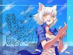  animal_ears bakemonogatari black_hanekawa cat_ears dondongarara dress_shirt fangs hanekawa_tsubasa kako_(monogatari) monogatari_(series) nekomonogatari shirt short_hair solo spoilers tiger white_hair yellow_eyes 