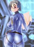  ass bad_id bad_pixiv_id black_eyes blue_hair bodysuit brown_eyes dodai_shouji earrings from_behind glasses hair_ornament hairclip hand_on_hip highres holding jewelry lips looking_back niimi_kaoru short_hair skin_tight solo uchuu_senkan_yamato uchuu_senkan_yamato_2199 