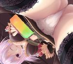  ass bad_id bad_pixiv_id black_legwear breasts food from_below large_breasts lavender_hair one_eye_closed panties purple_eyes ragnarok_online shadow_chaser solo thighhighs tongue underwear upskirt wedgie yashi_toshiya 