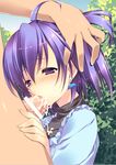  censored cum cum_in_mouth earrings fellatio head_hold highres jewelry oral outdoors purple_eyes purple_hair tears 