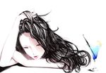  black_hair copyright_request face glass hand_in_hair lips long_hair solo sousou_(sousouworks) yellow_eyes 