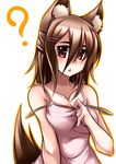  ? animal_ears bad_id bad_pixiv_id bare_shoulders breasts brown_hair chestnut_mouth cleavage dress_pull medium_breasts original pako_(moto_paco) pulled_by_self red_eyes simple_background solo strap_slip tail white_background 