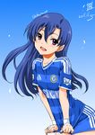  adidas blue_hair chelsea_fc england idolmaster idolmaster_(classic) inoue_sora jersey kisaragi_chihaya leaning_forward long_hair open_mouth premier_league purple_eyes smile soccer soccer_uniform solo sportswear sweatband 