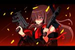  alternate_color anime_coloring armpits ascot bad_id bad_pixiv_id black_dress black_sleeves bow bracelet brown_eyes brown_hair cigarette cross detached_sleeves dress dual_wielding empty_eyes gun h&amp;k_mp5k hair_bow hair_tubes hakurei_reimu heckler_&amp;_koch holding jewelry letterboxed long_hair one-eyed ring shaded_face solo submachine_gun tomon_(slash0410) touhou weapon 