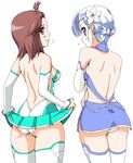  aonagi_hayate ass back backless_outfit bare_back blue_hair blush bodysuit breasts brown_eyes brown_hair collaboration fin_e_ld_si_laffinty flower from_behind hair_flower hair_ornament koyopi kyouno_madoka mall_link_suit multiple_girls panties purple_eyes rinne_no_lagrange skirt skirt_lift small_breasts thighhighs underwear 
