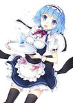  apron bad_id bad_pixiv_id black_legwear blue_eyes blue_hair frilled_skirt frills glass maid maid_headdress maouppoino! nyanya official_art open_mouth puffy_sleeves ribbon short_hair simple_background skirt slime_(maouppoino!) solo thighhighs tray waist_apron wrist_cuffs zettai_ryouiki 