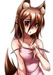  animal_ears bad_id bad_pixiv_id bare_shoulders blush breasts brown_hair chestnut_mouth cleavage dress_pull medium_breasts original pako_(moto_paco) pulled_by_self red_eyes simple_background solo strap_slip sweat tail white_background 