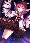  animal_ears dress dutch_angle earrings hat jewelry kneehighs kohaku. mystia_lorelei pink_eyes pink_hair short_hair single_earring solo touhou wings 