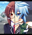  aqua_hair asada_shino brown_eyes brown_hair dual_persona glasses hair_ornament ikue_fuuji letterboxed necktie scarf school_uniform sinon slit_pupils split_screen split_theme sword_art_online 