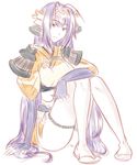  antenna_hair armor drawfag elbow_gloves fingerless_gloves gloves helmet knees_together_feet_apart long_hair non-web_source pauldrons purple_eyes purple_hair rance_(series) sengoku_rance senhime sitting solo thighhighs tthal very_long_hair 