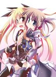  belt blonde_hair blue_eyes blush brown_hair buckle cape fate_testarossa fingerless_gloves flat_chest gauntlets gloves groping hair_ribbon kazekawa_nagi long_hair lyrical_nanoha magical_girl mahou_shoujo_lyrical_nanoha mahou_shoujo_lyrical_nanoha_a's mahou_shoujo_lyrical_nanoha_the_movie_2nd_a's multiple_girls open_clothes open_mouth puffy_sleeves red_eyes ribbon short_twintails smile takamachi_nanoha thighhighs twintails 