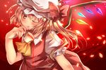  arm_up ascot bad_id bad_pixiv_id blonde_hair blush cup flandre_scarlet hat hat_ribbon licking_lips nemuri_nemu one_eye_closed petals red_eyes ribbon shirt side_ponytail skirt skirt_set smile solo spilling teacup tongue tongue_out touhou vest wings 