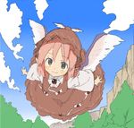  brown_eyes cloud day dress flying hat miyachi_(qqm32xk9) mystia_lorelei outstretched_arms pink_hair sky smile solo touhou tree wings 