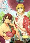  alcohol bad_id bad_pixiv_id bare_shoulders barnaby_brooks_jr blonde_hair blue_eyes brown_eyes brown_hair cherry_blossoms cup drink facial_hair flower giving glasses gourd haori holding japanese_clothes kaburagi_t_kotetsu kimono looking_at_viewer multiple_boys oriental_umbrella parasol petals sakazuki sake shivue short_hair stubble tiger_&amp;_bunny tree umbrella 