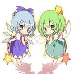  ascot blue_eyes blue_hair bow chibi cirno daiyousei dress green_eyes green_hair hair_bow hair_ribbon heart holding ice ice_wings multiple_girls ramudia_(lamyun) red_string ribbon smile star string touhou wand wings 