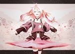  :d absurdres alternate_hairstyle bad_id bad_pixiv_id black_legwear blue_eyes chamooi choker highres ia_(vocaloid) long_hair low-tied_long_hair navel off_shoulder open_mouth pink_hair single_thighhigh skirt smile solo thigh_strap thighhighs vocaloid 