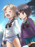  2girls a_channel awa black_hair blonde_hair blush ichii_tooru momoki_run multiple_girls open_mouth panties red_eyes school_uniform skirt tired underwear yawn yawning 