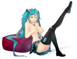  aqua_eyes aqua_hair bad_id bad_pixiv_id between_breasts boots breasts covering covering_breasts hatsune_miku large_breasts leg_lift leg_up long_hair magister_(medical_whiskey) necktie no_panties open_mouth shiny shiny_skin sitting skirt solo thigh_boots thighhighs toe-point topless twintails very_long_hair vocaloid 