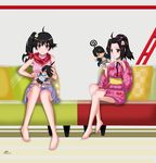  araragi_karen araragi_koyomi araragi_tsukihi barefoot black_eyes black_hair character_doll couch highres japanese_clothes kimono long_hair long_legs monogatari_(series) multiple_girls nihility nisemonogatari ponytail siblings side_ponytail sisters sitting skirt toothbrush 