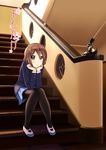 brown_eyes brown_hair bunny hino_minato_(spec.c) hirasawa_yui k-on! pantyhose school_uniform shoes short_hair sitting sitting_on_stairs solo stairs uwabaki 