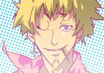  ;) bakemonogatari biting blonde_hair blue_eyes cross cross_earrings earrings facial_hair goatee jewelry male_focus monogatari_(series) one_eye_closed oshino_meme pencil rokuno single_earring smile solo 