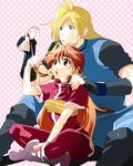  1girl :o bad_id bad_pixiv_id blonde_hair blue_eyes boots couple crossed_legs earrings gloves gourry_gabriev hand_on_shoulder height_difference hetero jewelry kasuga_hamui lina_inverse long_hair orange_hair pink_background polka_dot polka_dot_background red_eyes shirt sitting slayers spandex 