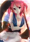  alza backlighting bad_id bad_pixiv_id blue_sky blush breasts cleavage cloud collarbone hair_bobbles hair_ornament large_breasts lens_flare onozuka_komachi open_mouth over_shoulder pink_eyes red_hair sash scythe shirt short_hair sitting skirt sky solo sun thighhighs touhou two_side_up white_legwear zettai_ryouiki 