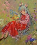  acrylic_paint_(medium) adapted_costume alternate_costume ama-tou blush bow branch flower fujiwara_no_mokou hair_bow hair_ribbon highres jeweled_branch_of_hourai long_hair mary_janes no_socks red_eyes ribbon shoes silver_hair skirt solo touhou traditional_media very_long_hair 
