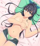  abe_(roiz) bad_id bad_pixiv_id bed bed_sheet black_hair blue_eyes blush bow bow_panties breast_hold breasts cleavage covering cutoffs denim denim_shorts earrings fang ganaha_hibiki green_panties hair_ribbon idolmaster idolmaster_(classic) jewelry large_breasts long_hair looking_at_viewer lying navel on_back open_clothes open_fly open_shorts panties petals pillow ponytail ribbon shiny shiny_skin short_shorts shorts solo tan tanline thigh_gap topless underwear unzipped 