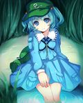  bad_id bad_pixiv_id blue_dress blue_eyes blue_hair dress grass hair_bobbles hair_ornament hand_on_thigh hat head_tilt kamanatsu kawashiro_nitori key light_smile long_sleeves looking_at_viewer pocket short_hair sitting soaking_feet solo strap touhou two_side_up water 